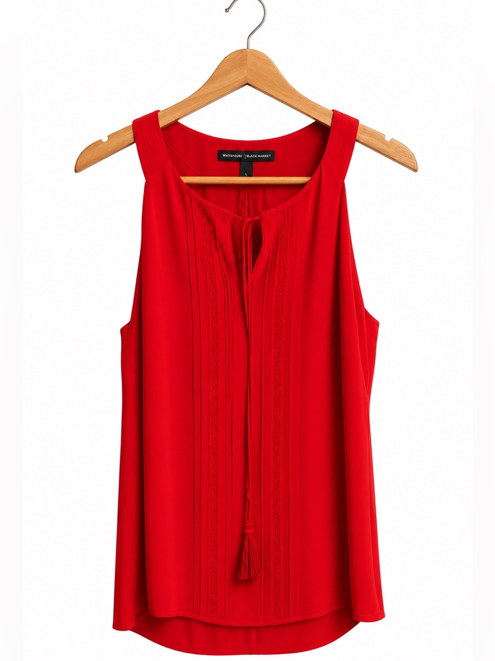White House Black Market Red Pintuck Tassel Tie Sleeveless Blouse Size L